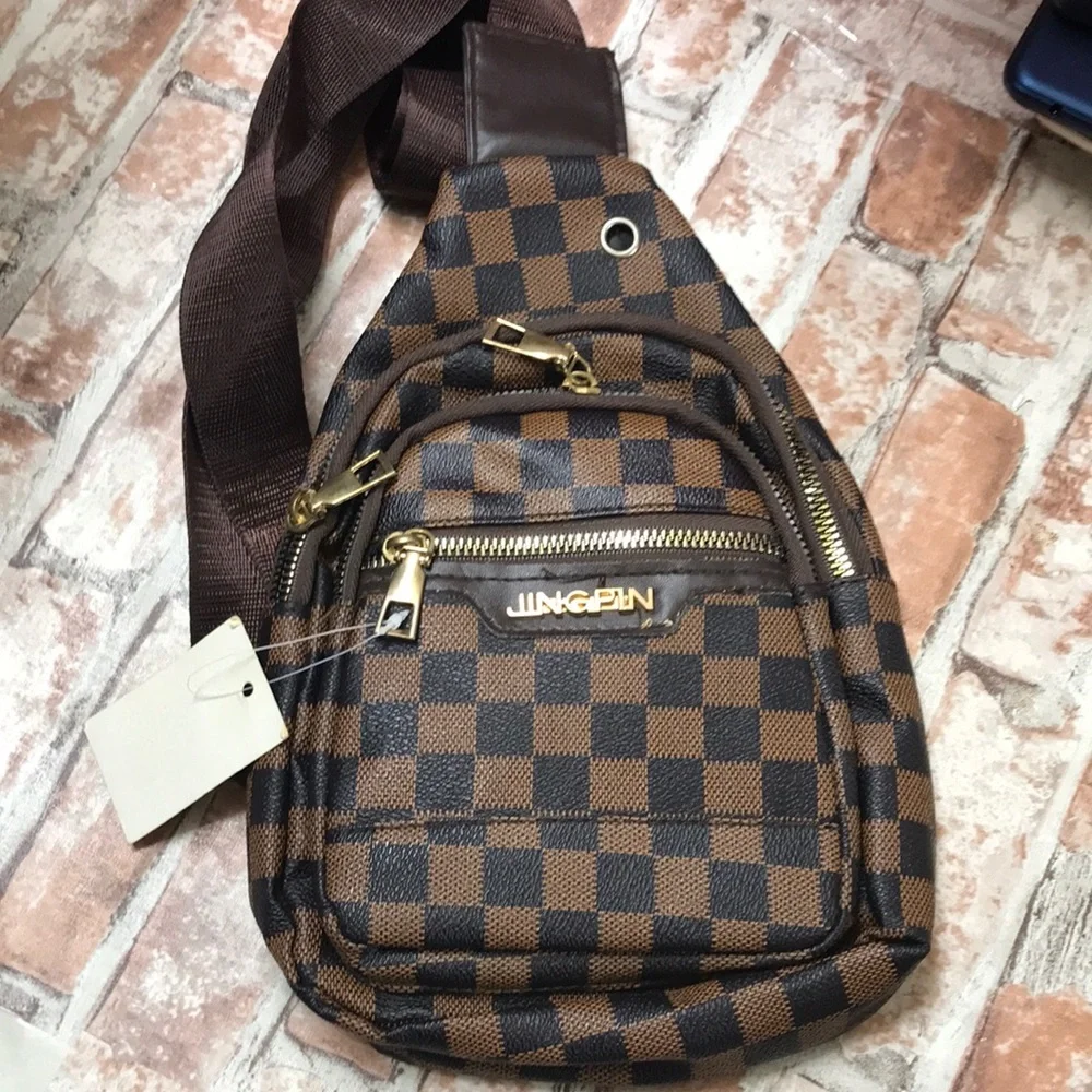 Brown Checkered UNISEX SLING Bag BROWN COLOR